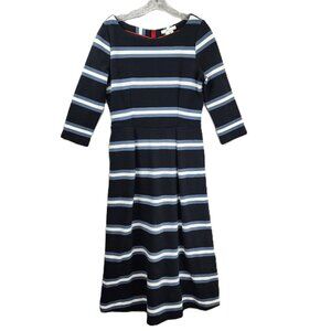 Boden Navy Stripe Fit & Flare Dress – 3/4 Sleeve Classic - Cotton/Poly